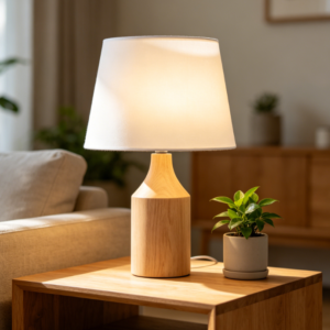 Japanese Style Wooden Conical Fabric Bedside Table Lamp