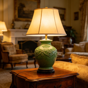European Style Retro Green Glazed Relief Ceramic Table Lamp